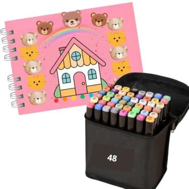 Imagem de Kit de Colorir 48 Canetas + Livro Capa Dura �Urso Bob�, canetas de colori ponta dupla