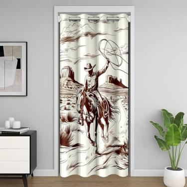 Imagem de Cortina de porta vintage ocidental sudoeste cowboy esboço cortina blackout para porta sala de estar retrô cavalo fazenda cortinas de privacidade capa crianças meninos meninas bege preto marrom porta