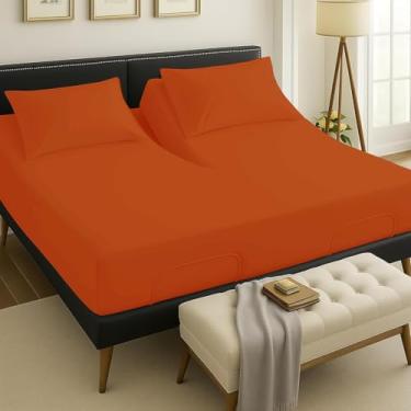 Imagem de Silentnight 4 peças 800 fios 100% algodão egípcio dividido California King Lençóis para cama ajustável para dormir cama número 86 cm lençol de cima flexível 38 cm bolso profundo - laranja queimado