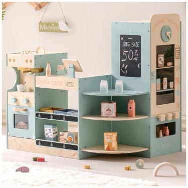 Imagem de Mini Mercado Educativo de Madeira ROBUD com Caixa Registradora, Cafeteira, Máquina de Lanches e Forno - Presente Perfeito para Crianças de 3