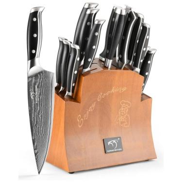 Imagem de Conjunto de Facas em Aço Damasco VG10 com Bloco de Bancada e Afiador Embutido, 16 Peças, NANFANG BROTHERS, Preto