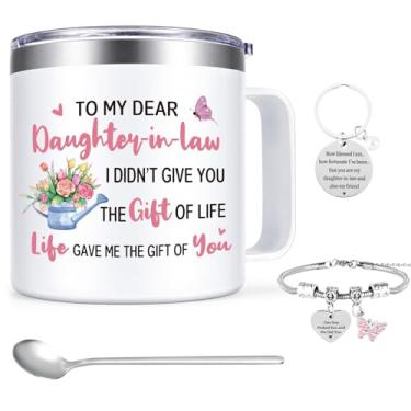 Imagem de Lifecapido Daughter in Law Gifts Caneca de café, filha na lei, presentes de dia das mães, presentes de nora da sogra para aniversário, Natal, caneca de café de aço inoxidável com tampa, branca