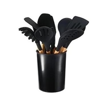 Imagem de Conjunto De Cozinha – Kit De 5/12 Peças De Utensílios De Silicone Antiaderente, Com Cabos De Madeira Resistentes Ao Calor E Ideal Para Panelas Antiaderentes(Kit 12 Preto)