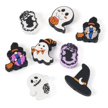 Imagem de Sparkeads 8 peças de contas focais de silicone de Halloween com tema de Halloween contas de artesanato bruxa fantasma espaçador de contas soltas festival truques malucos para presentes, lembrancinhas