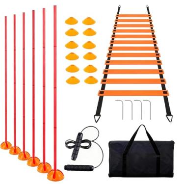 Imagem de Kvittra Hastes ajustáveis de treinamento de agilidade de futebol de 6 peças, equipamento de treinamento de agilidade de futebol com escada de velocidade de 6 metros, 12 cones de disco e cordas de