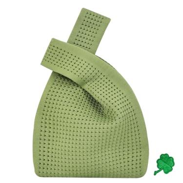 Imagem de Bolsa de pulso pequena de malha de crochê, bolsa de mão portátil com alça de nó linda bolsa de pulso para mulheres, Verde vazado