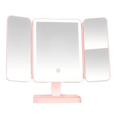 Imagem de Espelho Camarim de Maquiagem Rosa com Luz LED, Aumento 2X/3X e Design Dobrável – Iluminação Touch Portátil
