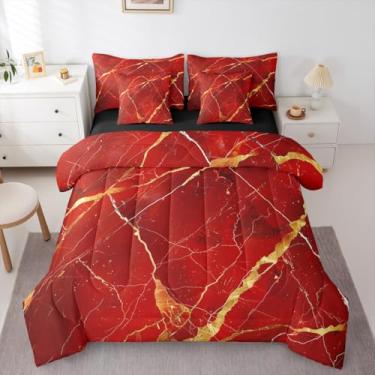 Imagem de Erosebridal Conjunto de edredom Queen com estampa de mármore e rachaduras, para crianças, adolescentes, adultos, pastel, vermelho, dourado, quente, macio, 7 peças