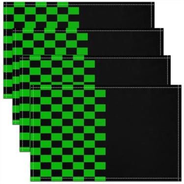 Imagem de Jogo americano infantil xadrez geométrico, conjunto de 4 tapetes de mesa de videogame, grade de patchwork, decoração de cozinha abstrata, treliça simples, preto e verde, decoração de mesa de cozinha