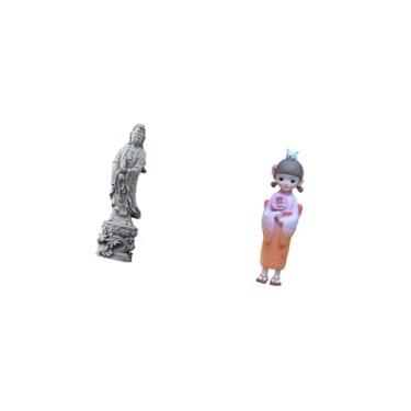 Imagem de Fenteer Estátua de Gueixa Guan Yin, Ornamento de Pedra de Resina Budista de Feng Shui Asiático, Boneca Kimono Japonesa Colecionável, Decoração para Interior,