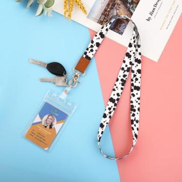 Imagem de Cordão com suporte de identidade, cordões bonitos para mulheres e homens, cordão de pescoço longo para chaves, vertical à prova d'água, suporte de crachá de identificação transparente, padrão de vaca
