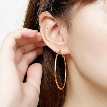 Imagem de Brincos de argola para mulheres, brincos de argola de aço inoxidável, laços leves, 2 mm de espessura, círculo, infinito, redondo, brincos de argola para mulheres, 50mm, Liga de aço, Sem pedra preciosa