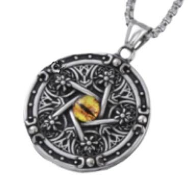 Imagem de Colar masculino vintage com pingente de pentagrama com olhos vermelhos diabo e design de disco redondo estilo gótico colar de aço inoxidável BLC502-P, One Size, Aço inoxidável, Sem Pedra Preciosa