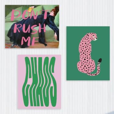 Imagem de 3 peças de impressão de leopardo rosa verde impressão de arte de parede engraçado feminino decoração de parede divertido moderno chaos chaos pintura estética para apartamento sala de estar meninas