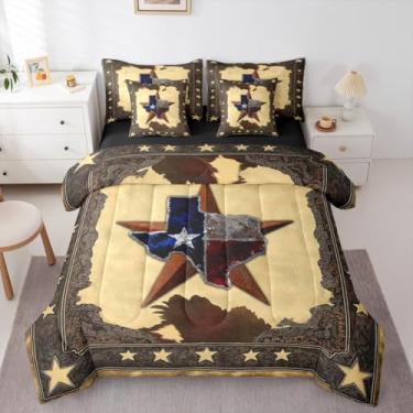 Imagem de Erosebridal Jogo de cama King com estrela do oeste do Texas - Cama rústica com estampa de vaca em uma bolsa, conjunto de edredom com estampa de pele sintética de couro bovino com lençóis, decoração de