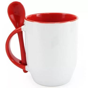Imagem de Caneca para Bebidas Quentes com Colher (Base Curva) 325 ml a Colher Não Cai Da Caneca. (vermelho)