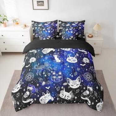 Imagem de Conjunto de edredom gótico de caveira de gato, 7 peças, tamanho casal, galáxia azul, constelação boho (edredom + lençol de cima + 2 fronhas + 2 capas de travesseiro)