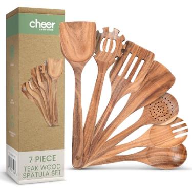 Imagem de Cheer Collection Conjunto De Utensílios Madeira - 7 Peças Cozinha, Colheres E Espátulas Premium Para Cozinhar, Resistentes Ao Calor, Antiaderentes Seguros.