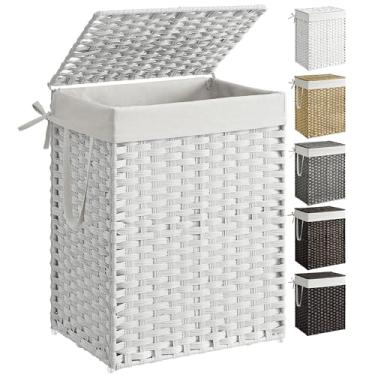 Imagem de SONGMICS Cesto de roupa suja com tampa, 90 L, cesta de roupas de vime sintético com tampa e alças, dobrável, forro removível, branco nuvem ULCB51WT