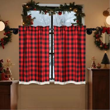 Imagem de Bentrilisa 2 peças de cortinas com acabamento de renda 61 cm de comprimento com bolso de haste para janela meia pequena para casa de fazenda, buffalo, xadrez, guingão, cozinha, banheiro, cortinas
