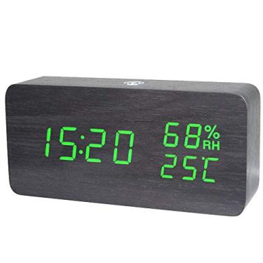 Imagem de Relógio desperr digital de madeira LED com controle de aplicativo, exibição de hora/tempeura/hdidade/data, relógio eletrônico de mesa, 4 níveis de brilho, controle de som, carregamento USB ou fon