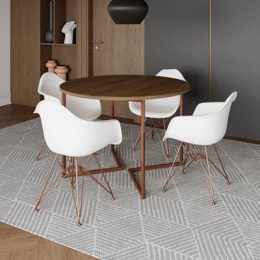 Imagem de Mesa Industrial Jantar Amêndoa 110Cm Redonda Base V Com 4 Poltronas Brancas Base Cobre Amendoa