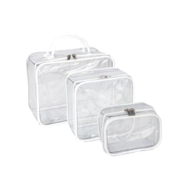 Imagem de Kit 3 Peças Necessaires Transparentes em PVC, Impermeáveis com Zíper, Tamanhos P/M/G, Organizadores para Viagem e Beleza (Transparente, Branco)