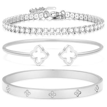 Imagem de Arthur Liu Conjunto de 3 peças de pulseiras delicadas banhadas a ouro 14K – Joias de aço inoxidável não manchadas com zircônia cúbica para mulheres, caixa de presente incluída, One Size, Aço