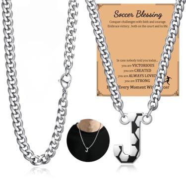 Imagem de NUKAYAI Colar de futebol com letra A a Z para homens, pingente de pingente de aço inoxidável, corrente de prata, acessórios de joias, material de 50,8 cm, colares personalizados, presentes de futebol