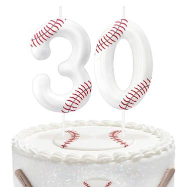 Imagem de Velas de aniversário número 30 de beisebol, topo de bolo com tema de beisebol para meninos e meninas, decorações de bolo para aniversários, suprimentos de festa com tema esportivo, velas para