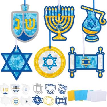 Imagem de Feifeiya 24 conjuntos de kits de artesanato de Hanukkah em papel de seda de Hanukkah, kits de apanhadores de sol de Chanucá DIY Estrela de Davi Menorá Dreidel, enfeites para pendurar para Chanucá