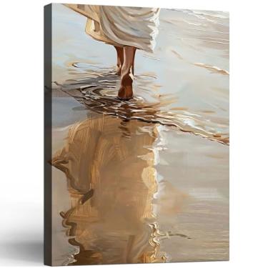 Imagem de Impressão em tela emoldurada Jesus andando na praia religiosa cristã fé costeira decoração de parede pôster galeria imagem arte para sala de estar quarto 40 x 61 centímetros pronto para pendurar
