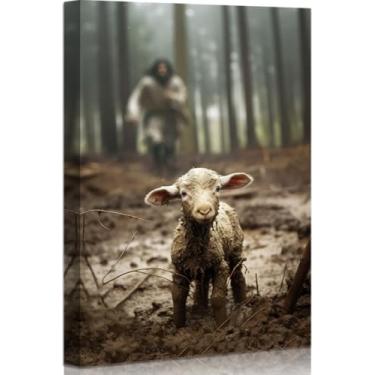 Imagem de Arte de parede em tela Jesus e Cordeiro Jesus Cristão Arte de parede emoldurada grande arte cristã decoração de parede pintura de Jesus para quarto sala de estar escritório 30 x 45 cm