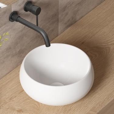 Imagem de Pia de banheiro extra pequena acima do balcão, pia de vaso de banheiro redonda OCEALAGOON de 30 cm, tigelas de pia de porcelana branca para penteadeira de banheiro, pia de banheiro de trailer