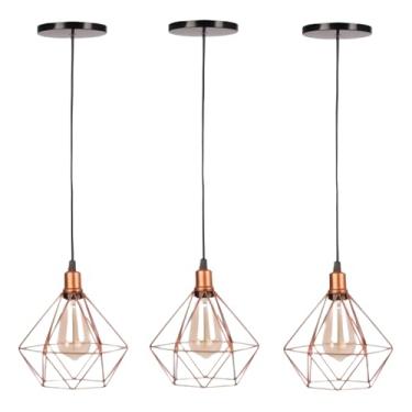 Imagem de 3 Pendentes Diamante Lustre Luminária Aramado Luxo Pirâmide Estrutura Geométrica (Rose Gold Fio Preto)