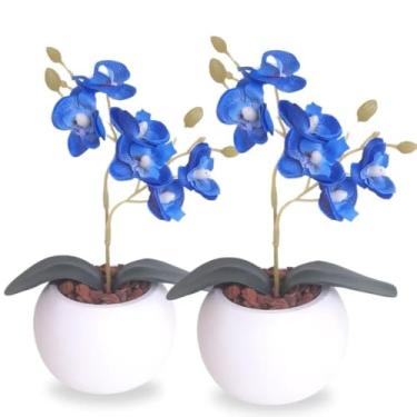 Imagem de Conjunto de orquídeas artificiais em miniatura com vaso decorativo branco e casca de pinheiro natural – arranjo de vaso artificial, plantas artificiais decorativas(AZUL)