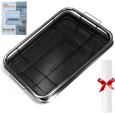Imagem de Cesta de fritadeira a ar para forno, bandeja extra grande de aço inoxidável de 39,6 cm x 29,5 cm e frigideira com 50 peças de papel manteiga, cesta de forno antiaderente para assar, grelhar e cozinhar