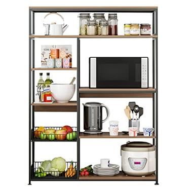 Imagem de Prateleira de armazenamento para padeiro de cozinha, suporte de micro-ondas com cesta de arame, moldura de metal, aparência de madeira, adequado para panelas e frigideiras de especiarias, branco