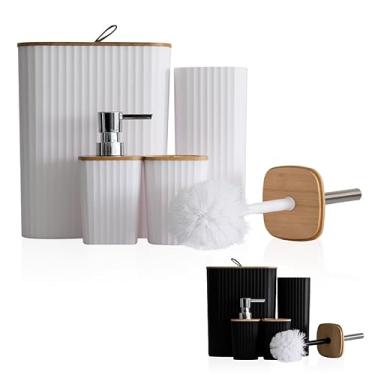 Imagem de Kit para Banheiro Premium Minimalista – Lixeira, Dispenser, Porta-Escova, Copo, Escova Sanitária e Saboneteira | Design Clean, Textura Canelada, Bambu e Inox(4 peças Quadrado Branco)