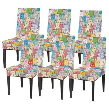 Imagem de hongjinglin Conjunto de 6 capas elásticas para cadeira de sala de jantar, capa protetora de assento de gato, fofa, colorida, removível, lavável, para cozinha, casa, hotel, banquete, festa de casamento