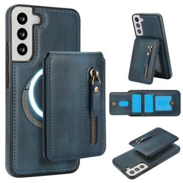 Imagem de Carteira destacável compatível com carregamento sem fio Magsafe para Samsung Galaxy S21 FE capa com suporte para cartão, bolso com zíper, suporte 2 em 1 à prova de choque (azul)