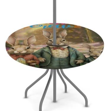 Imagem de hongjinglin Toalha de mesa de Páscoa para uso ao ar livre com orifício para guarda-chuva, toalha de mesa redonda elástica com zíper, impermeável, limpável, para piquenique, festa, pátio, serve para