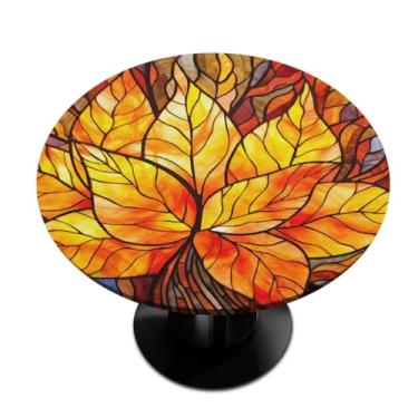 Imagem de hongjinglin Toalha de mesa redonda com borda elástica folhas de vidro para outono toalha de mesa redonda limpa para decoração de cozinha de 101 a 111 cm