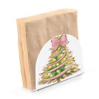 Imagem de Blueangle Suporte de guardanapo de arco rosa para árvore de Natal - decoração de mesa de acrílico à prova de vento para cozinha e casa, dispensador de lenços de férias com porta-guardanapos verticais