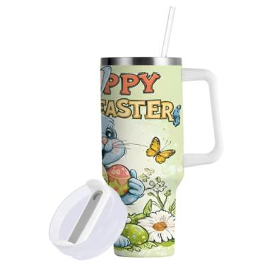 Imagem de Blueangle Copo de coelho da Páscoa de 850 g com alça e tampa de palha, copo isolado reutilizável de aço inoxidável garrafa de água caneca de viagem (183)