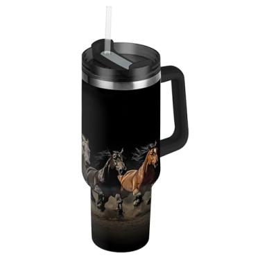 Imagem de SEHANY Copo Majestic Horse de 850 g com tampa e canudo, aço inoxidável de vácuo duplo isolado garrafa de água esportiva suporte de copo de café de viagem à prova de vazamento para bebida gelada