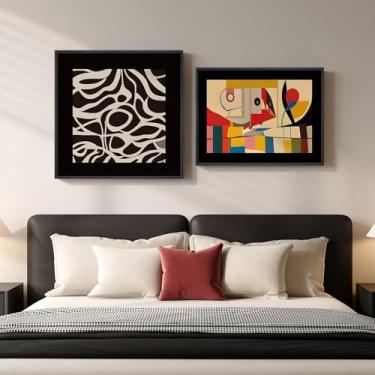 Imagem de Arte de parede de quarto abstrata colorida emoldurada preta, conjunto de 2 linhas geométricas modernas de meados do século para paredes, impressões contemporâneas em tela para sala de estar, corredor