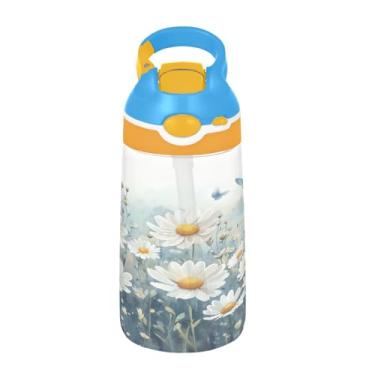 Imagem de ATTX Garrafa de água aquarela Meadow Daisies de 473 ml – Garrafa de água reutilizável Tritan Sports & Travel com canudo e tampa de bico pop-up #415