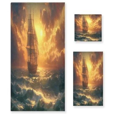 Imagem de ATTX Conjunto de toalhas de banho de pintura a óleo de navio à vela de 3 peças - Ultra macio e de secagem rápida, toalhas de mão absorventes de grau de hotel e spa para banheiro #583