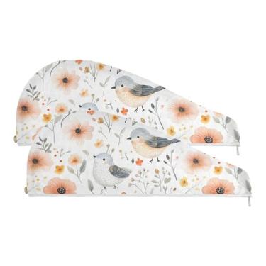 Imagem de SEHANY Toalha de cabelo de microfibra de flores coloridas elegantes para mulheres, 2 peças, turbantes de cabelo de secagem rápida com botão, touca de cabelo seco absorvente toalha de secagem de cabelo